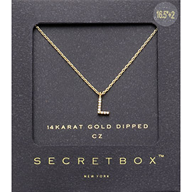 -L- Secret Box _ 14K Gold Dipped CZ Initial Monogram Pendant Necklace