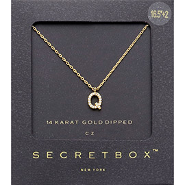 -Q- Secret Box _ 14K Gold Dipped CZ Initial Monogram Pendant Necklace