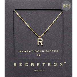-R- Secret Box _ 14K Gold Dipped CZ Initial Monogram Pendant Necklace