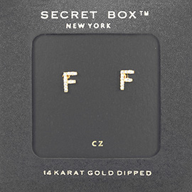 -F- Secret Box _ 14K Gold Dipped CZ Initial Monogram Stud Earrings