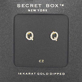 -Q- Secret Box _ 14K Gold Dipped CZ Initial Monogram Stud Earrings