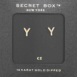 -Y- Secret Box _ 14K Gold Dipped CZ Initial Monogram Stud Earrings