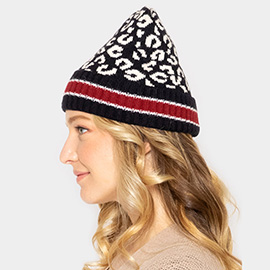 Leopard Patterned Striped Cuff Knit Beanie Hat