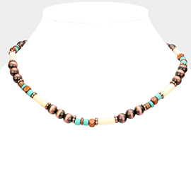 Burnished Metal Ball Wood Beaded Necklace