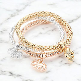 3PCS - Rhinestone Embellished Metal Elephant Charm Stretch Bracelets
