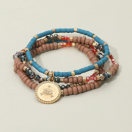 4PCS - Rhinestone Evil Eye Metal Round Charm Heishi Wood Faceted Beaded Stretch Bracelets