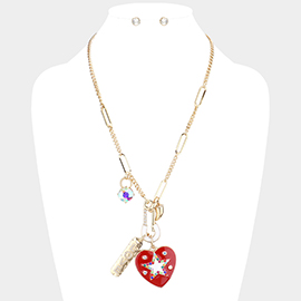 Rhinestone Embellished Safety Pin LOVE Star Centered Enamel Heart Pendant Necklace