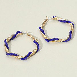 Braided Cube Beaded Twisted Metal Hoop Earrings