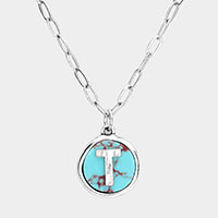-T- Initial Monogram Turquoise Pendant Necklace