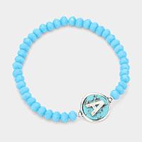 -A- Initial Monogram Turquoise Charm Faceted Beaded Stretch Bracelet