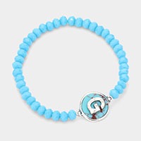 -G- Initial Monogram Turquoise Charm Faceted Beaded Stretch Bracelet