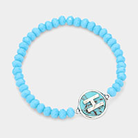 -H- Initial Monogram  Turquoise Charm Faceted Beaded Stretch Bracelet