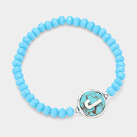 -J- Initial Monogram Turquoise Charm Faceted Beaded Stretch Bracelet