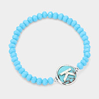-K- Initial Monogram Turquoise Charm Faceted Beaded Stretch Bracelet