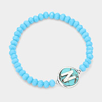 -N- Initial Monogram Turquoise Charm Faceted Beaded Stretch Bracelet