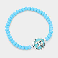 -R- Initial Monogram Turquoise Charm Faceted Beaded Stretch Bracelet