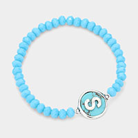 -S- Initial Monogram Turquoise Charm Faceted Beaded Stretch Bracelet