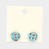 -R- Initial Monogram Turquoise Stud Earrings