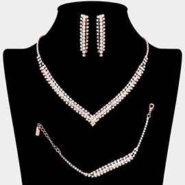 3PCS - Round Stone Detail Rhinestone Necklace Jewelry Set