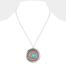 Turquoise Centered Irregular Metal Round Pendant Necklace