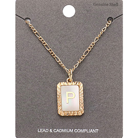 -P- Initial Monogram Genuine Shell Rectangle Pendant Necklace