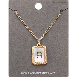 -R- Initial Monogram Genuine Shell Rectangle Pendant Necklace