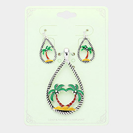 Enamel Palm Tree Accented Open Teardrop Pendant Set