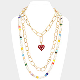Heart Pendant Accented  Pearl Resin Beaded Triple Layered Necklace