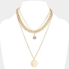 Natural Stone Evil Eye Detailed Metal Round Pendant Triple Layered Necklace