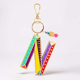 -N- Geometric Patterned Wood Initial Monogram Keychain Bag Charm