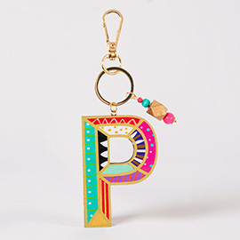 -P- Geometric Patterned Wood Initial Monogram Keychain Bag Charm