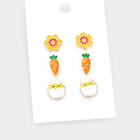 3Pairs - Enamel Flower Carrot Easter Egg Stud Earrings