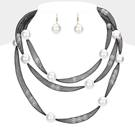 Pearl Accented Triple Layered Mesh Bib Necklace
