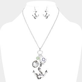 Enamel Ship Heel Detailed Metal Anchor Pendant Necklace