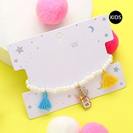 -B- Unicorn Initial Monogram Tassel Station Kids Beaded Stretch Bracelet