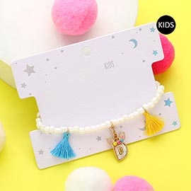 -D- Unicorn Initial Monogram Tassel Station Kids Beaded Stretch Bracelet