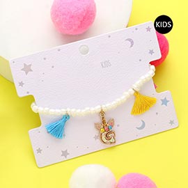 -G- Unicorn Initial Monogram Tassel Station Kids Beaded Stretch Bracelet