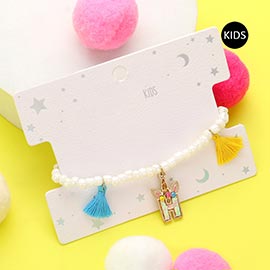 -H- Unicorn Initial Monogram Tassel Station Kids Beaded Stretch Bracelet