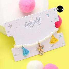 -J- Unicorn Initial Monogram Tassel Station Kids Beaded Stretch Bracelet