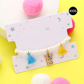 -K- Unicorn Initial Monogram Tassel Station Kids Beaded Stretch Bracelet