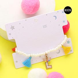 -L- Unicorn Initial Monogram Tassel Station Kids Beaded Stretch Bracelet