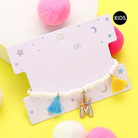 -M- Unicorn Initial Monogram Tassel Station Kids Beaded Stretch Bracelet