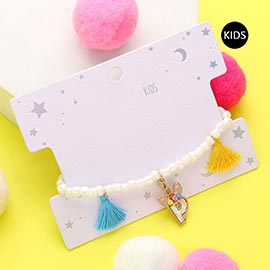 -P- Unicorn Initial Monogram Tassel Station Kids Beaded Stretch Bracelet