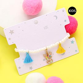 -S- Unicorn Initial Monogram Tassel Station Kids Beaded Stretch Bracelet