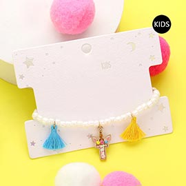 -T- Unicorn Initial Monogram Tassel Station Kids Beaded Stretch Bracelet