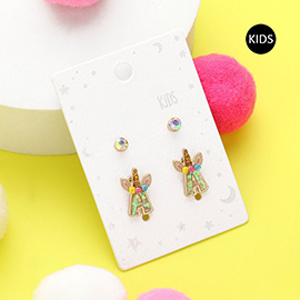 2Pairs - A Round Stone Unicorn Initial Monogram Stud Kids Earrings