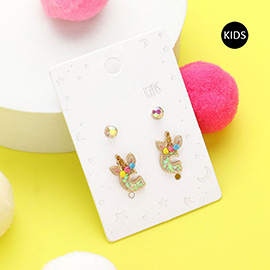 2Pairs - C Round Stone Unicorn Initial Monogram Stud Kids Earrings