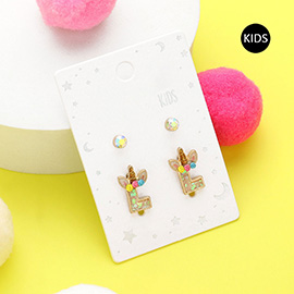 2Pairs - L Round Stone Unicorn Initial Monogram Stud Kids Earrings