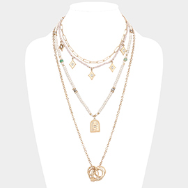 Evil Eye Open Metal Circle Pendant Wood Multi Layered Necklace