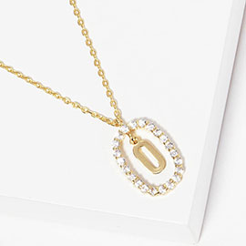-O- Gold Dipped Metal Initial Monogram Rhinestone Oval Link Pendant Necklace